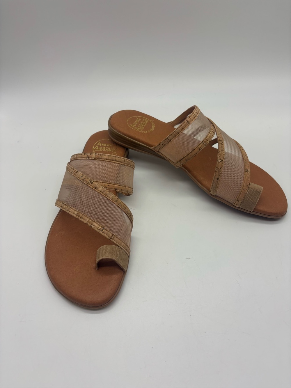 André Assous Women’s Slide Sandals Beige/Gold Mesh Cork Accents Slip-On size 9